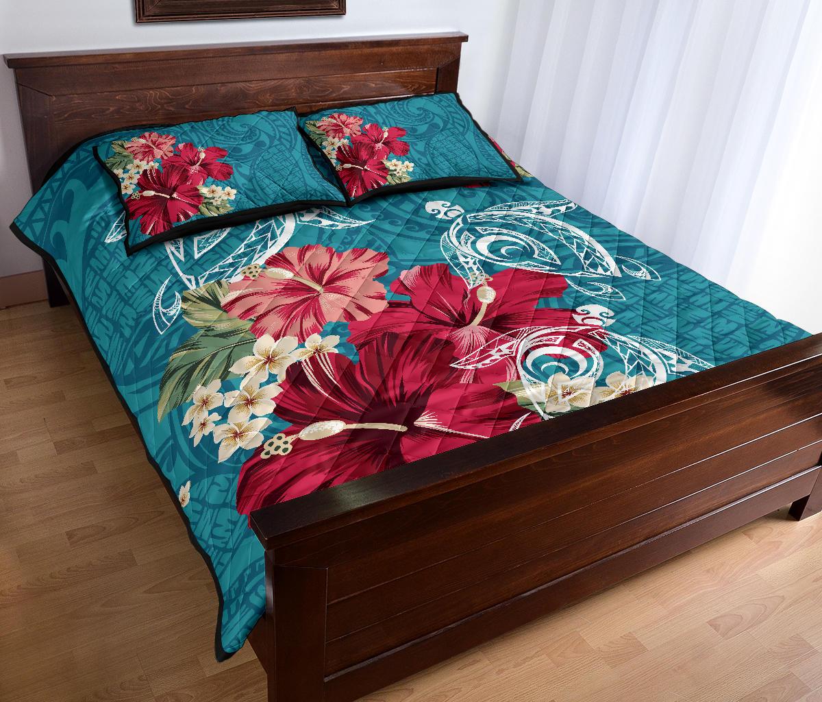 Hawaii Turtle Hibiscus Plumeria Blue Polynesian - Quilt Bed Set AH - Polynesian Pride