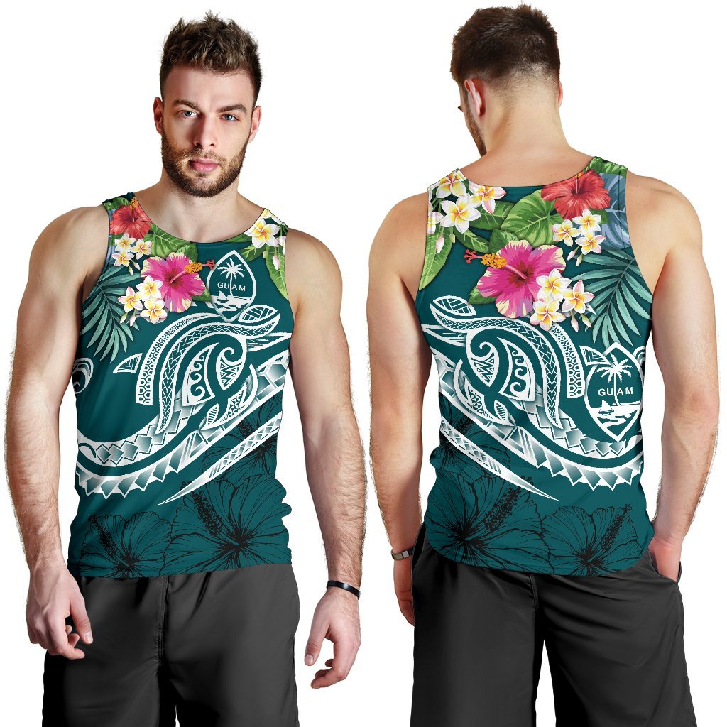 Guam Polynesian Men's Tank Top - Summer Plumeria (Turquoise) - Polynesian Pride