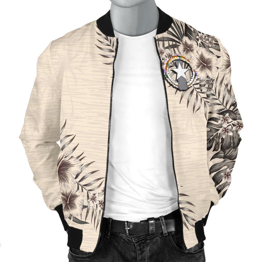 Northern Mariana Islands Men's Bomber Jacket - The Beige Hibiscus - Polynesian Pride