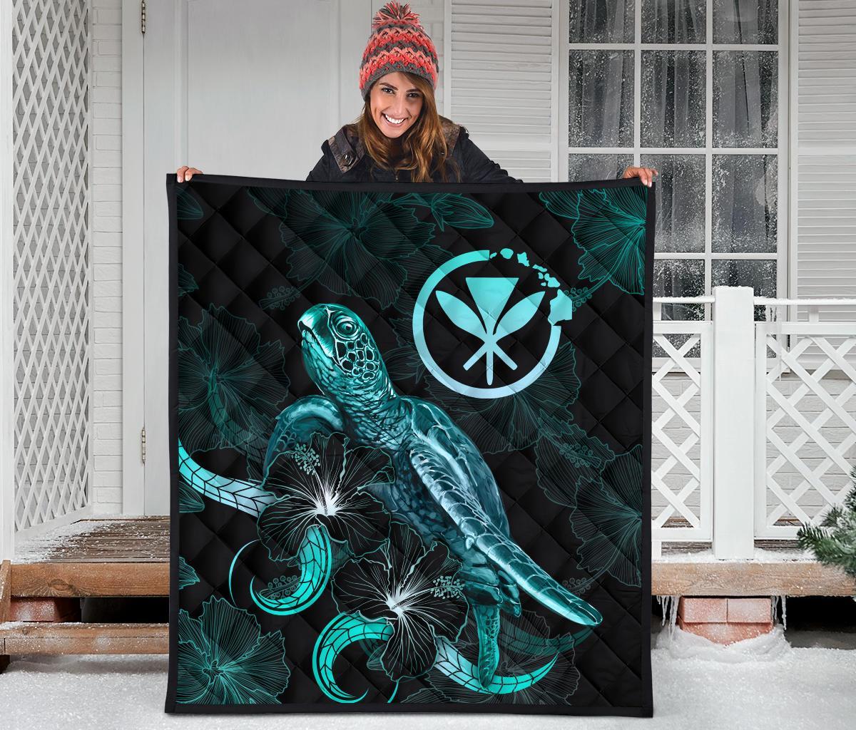 Hawaii Polynesian Premium Quilt - Turtle With Blooming Hibiscus Turquoise - Polynesian Pride