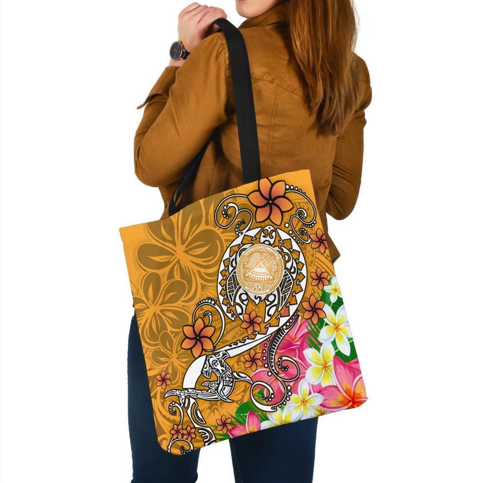 American Samoa Polynesian Tote Bags - Turtle Plumeria (Gold) Tote Bag One Size Gold - Polynesian Pride