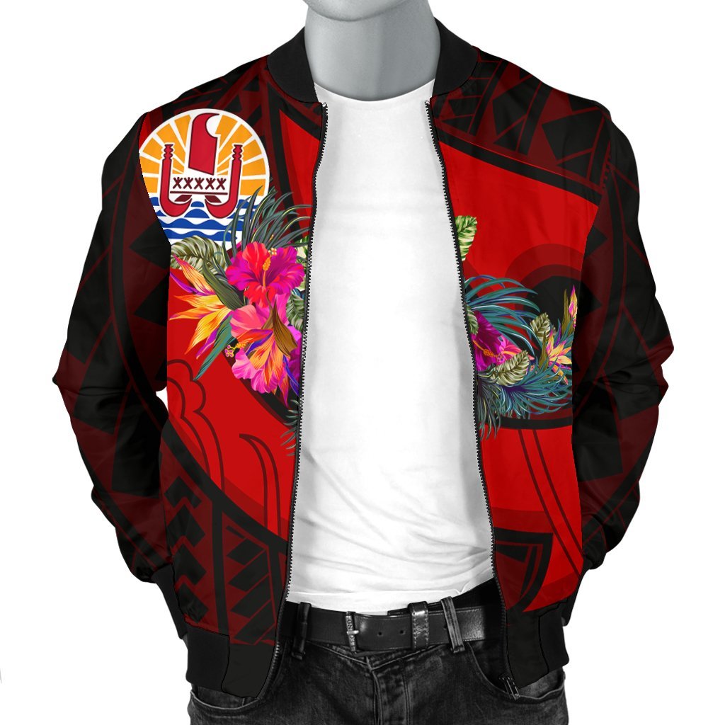 Tahiti Men's Bomber Jacket - Polynesian Hook And Hibiscus (Red) - Polynesian Pride