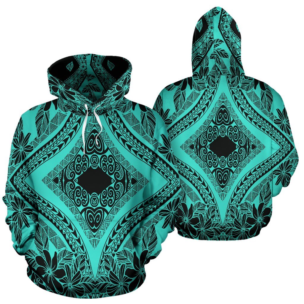 Hawaii Hoodie Polynesian Plumeria Mix Turquoise Black Pullover - Polynesian Pride