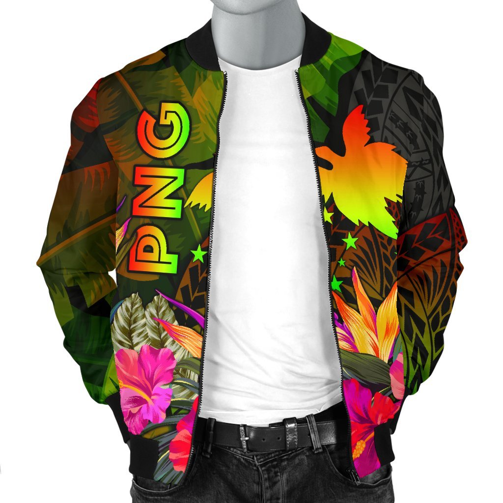 Papua New Guinea Polynesian Men's Bomber Jacket - Hibiscus and Banana Leaves - Polynesian Pride