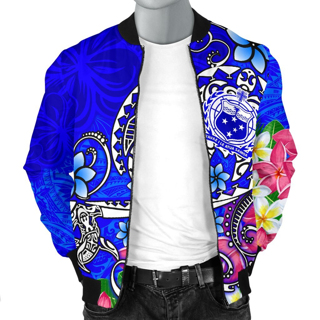 Samoa Men's Bomber Jacket - Turtle Plumeria (Blue) - Polynesian Pride