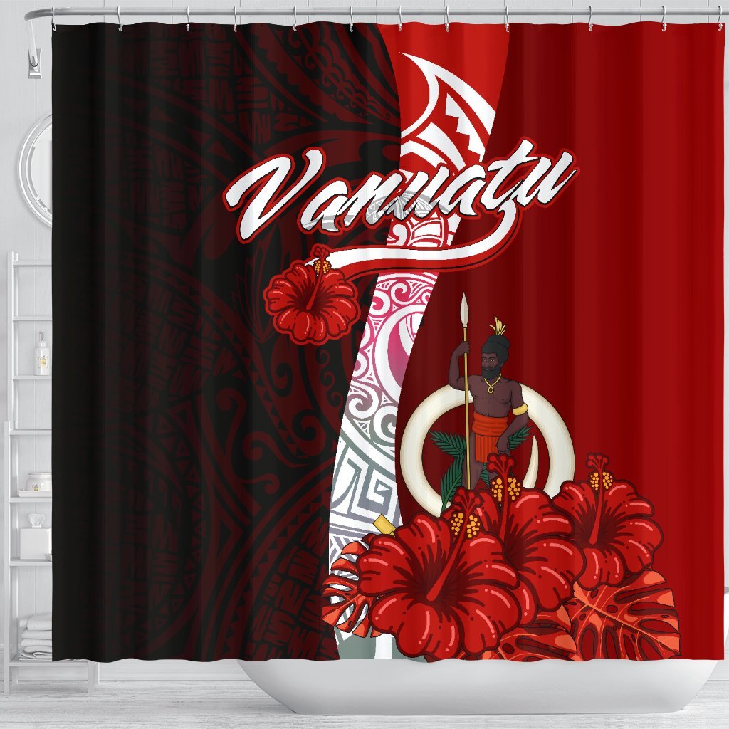 Vanuatu Polynesian Shower Curtain - Coat Of Arm With Hibiscus - Polynesian Pride
