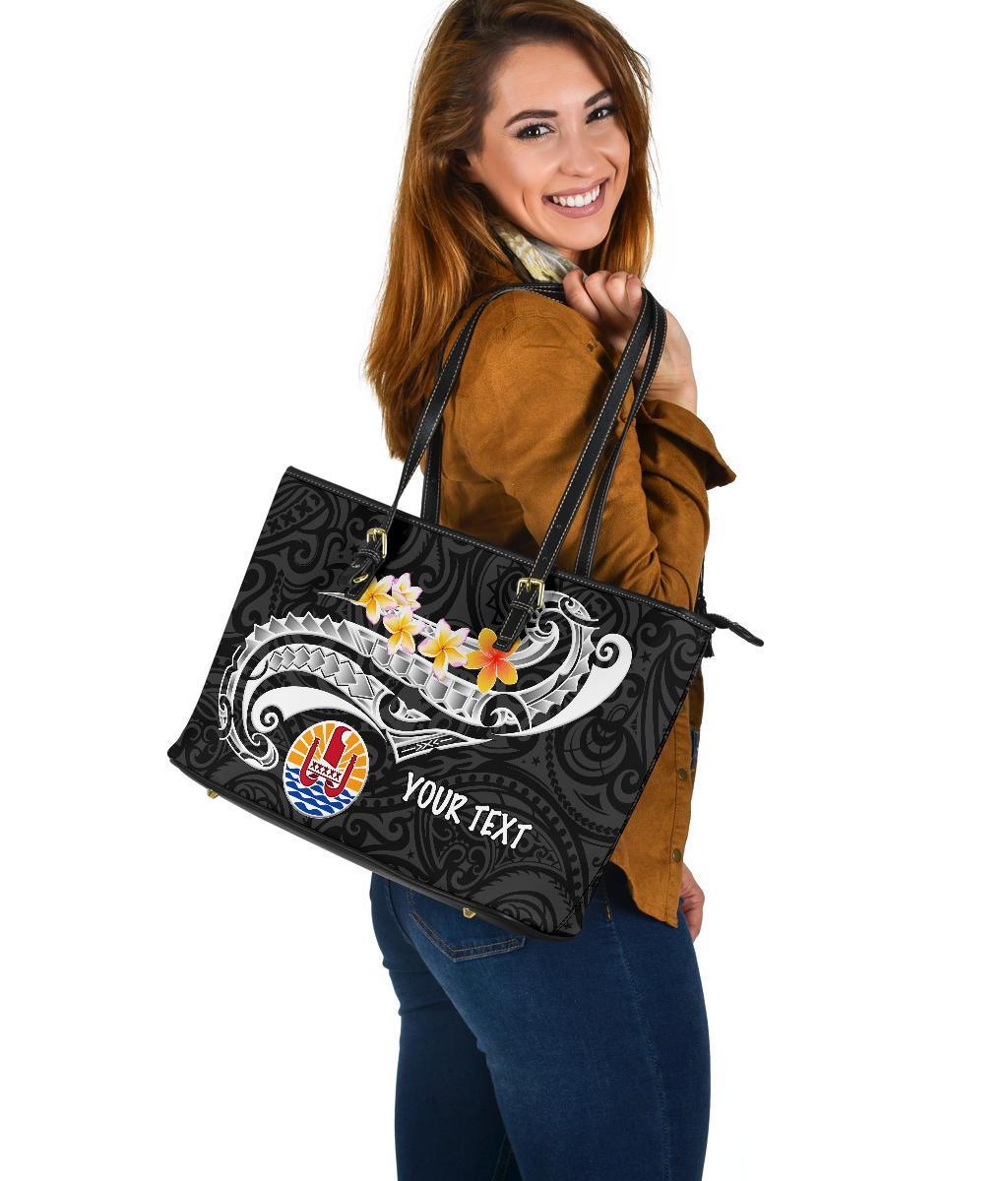 Tahiti Custom Personalised Leather Tote Bag - Tahiti Seal Polynesian Patterns Plumeria (Black) - Polynesian Pride