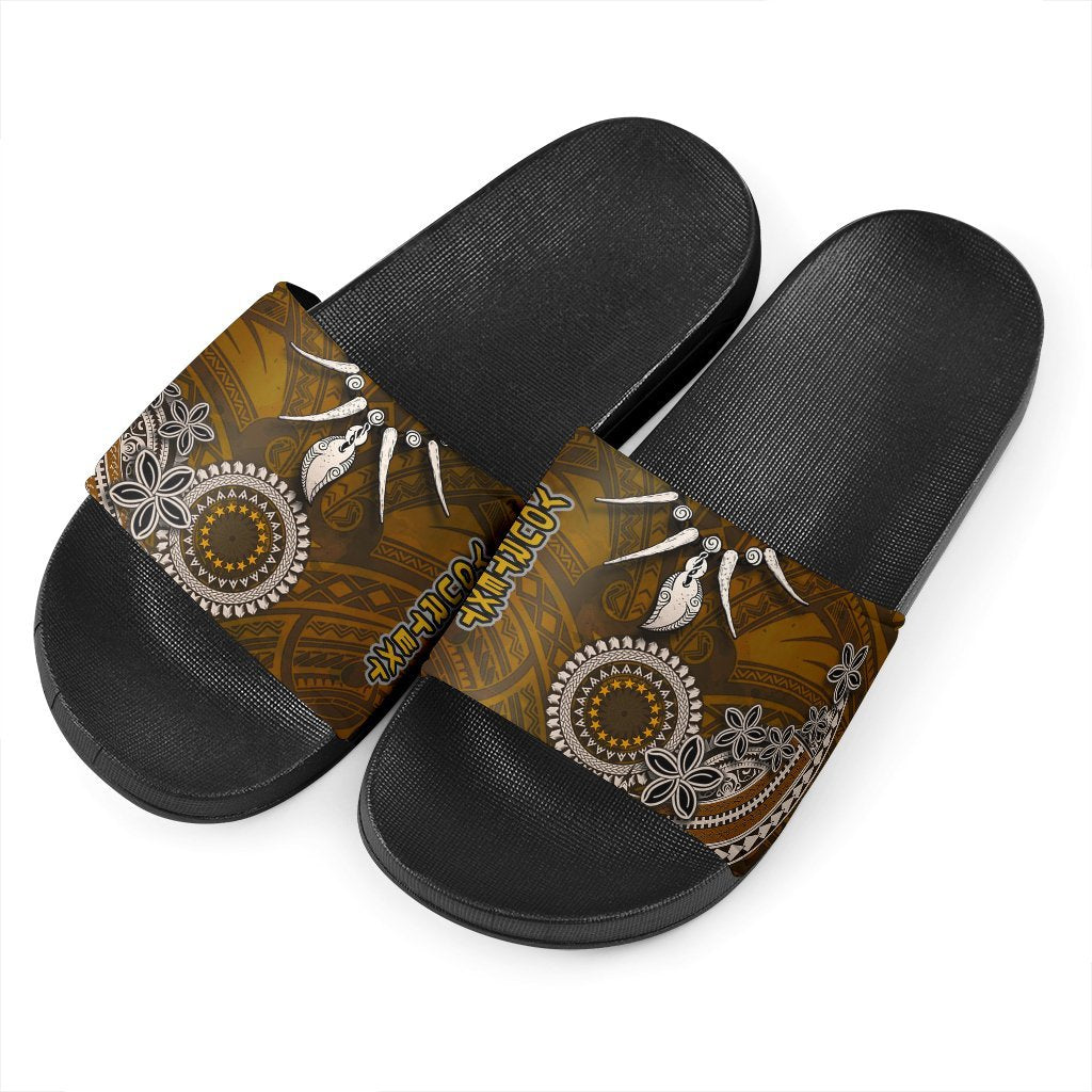Cook Islands Custom Personalised Slide Sandals - Polynesian Boar Tusk Black - Polynesian Pride