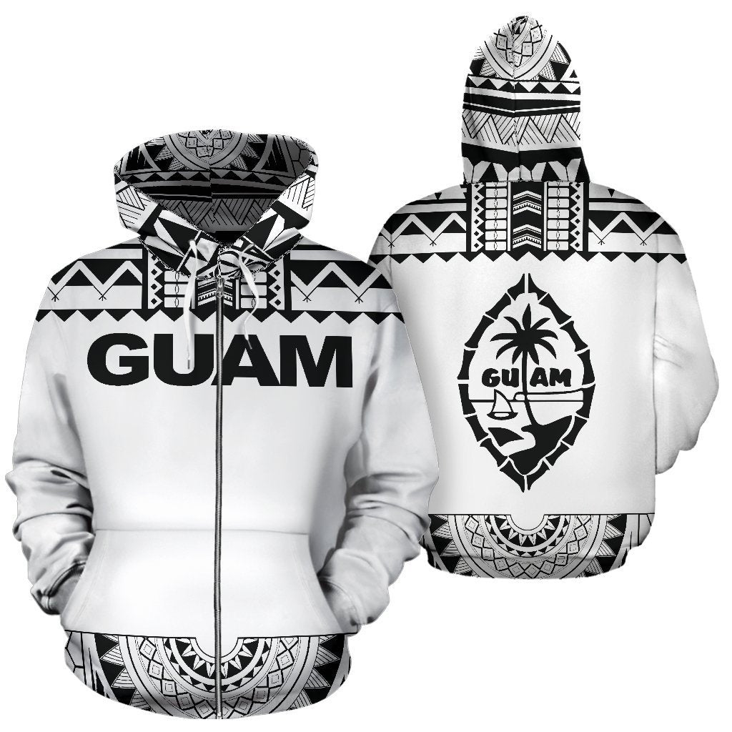 Guam All Over Zip up Hoodie Polynesian White and Black Unisex White And Black - Polynesian Pride