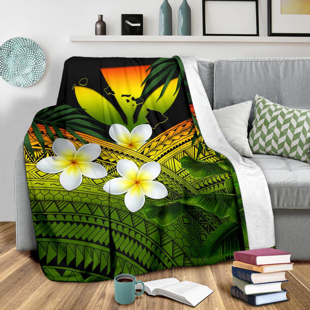 Kanaka Maoli (Hawaiian) Premium Blanket, Polynesian Plumeria Banana Leaves Reggae - Polynesian Pride