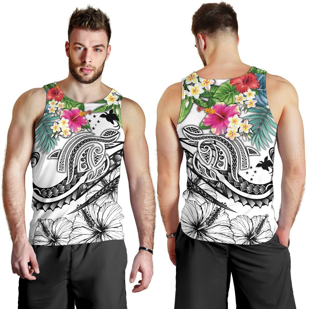 Papua New Guinea Polynesian Men's Tank Top - Summer Plumeria (White) - Polynesian Pride