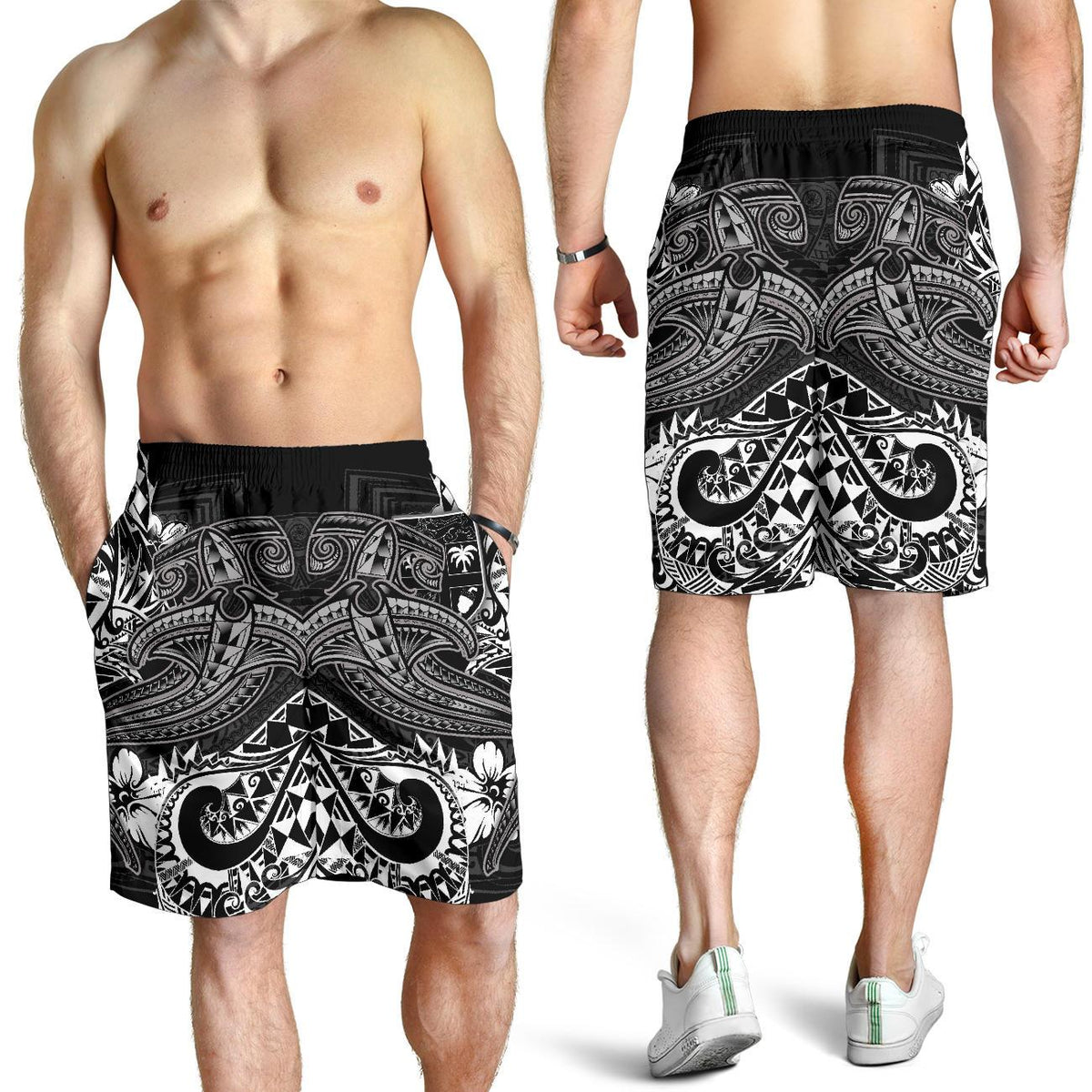Fiji Men's Shorts - White Shark Polynesian Tattoo - Polynesian Pride
