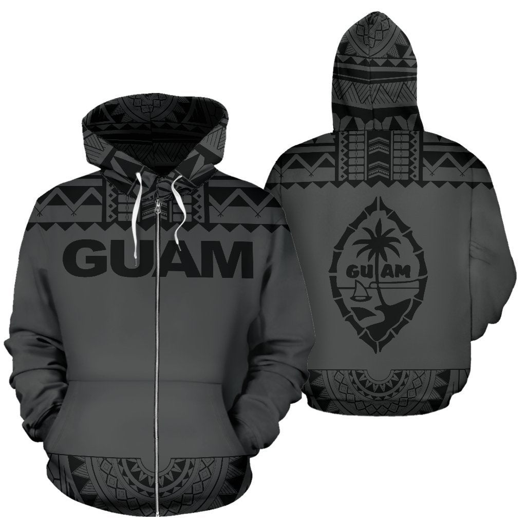 Guam All Over Zip up Hoodie Polynesian Grey and Black Unisex Grey And Black - Polynesian Pride
