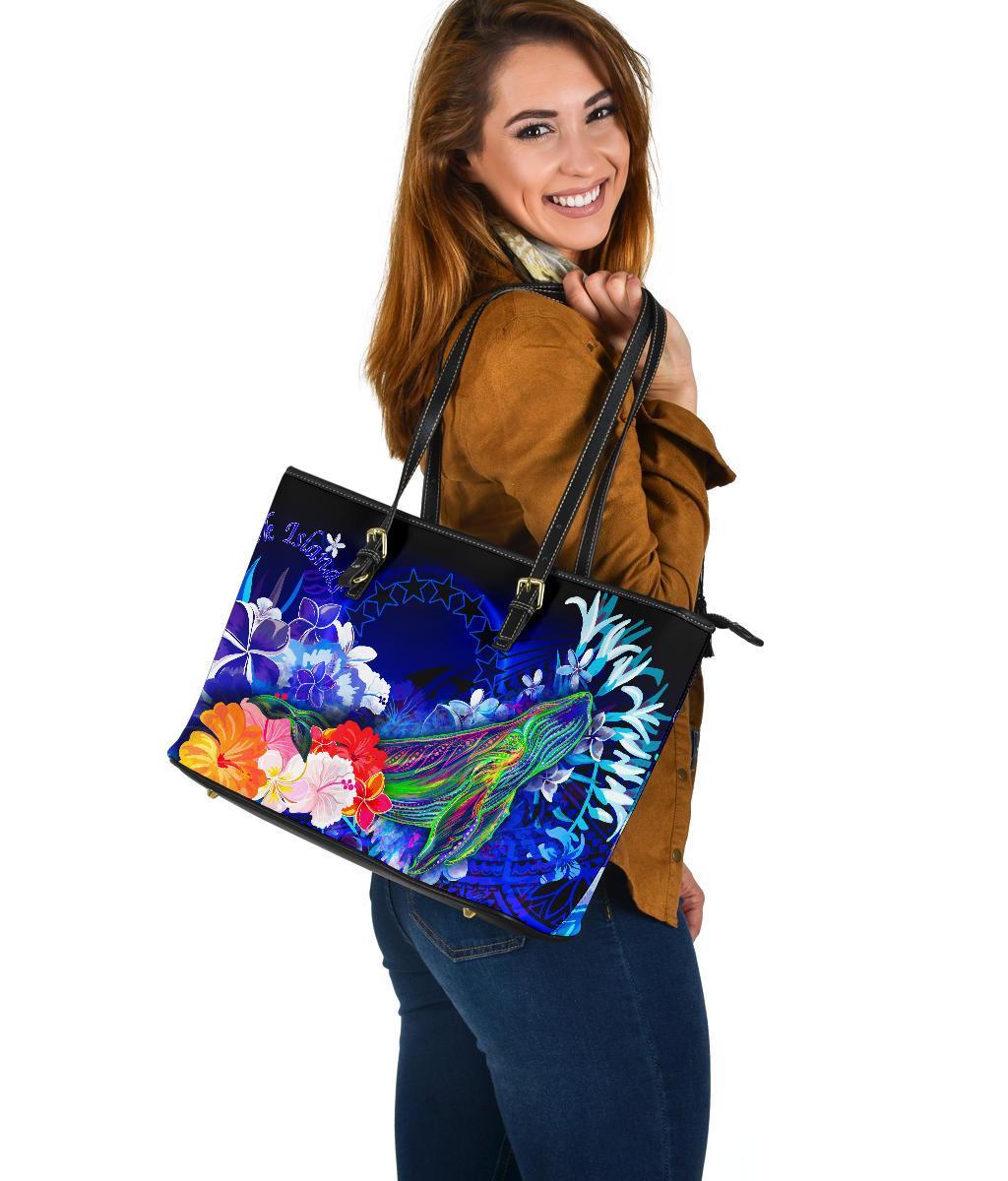 Cook Islands Leather Tote Bag - Humpback Whale with Tropical Flowers (Blue) - Polynesian Pride