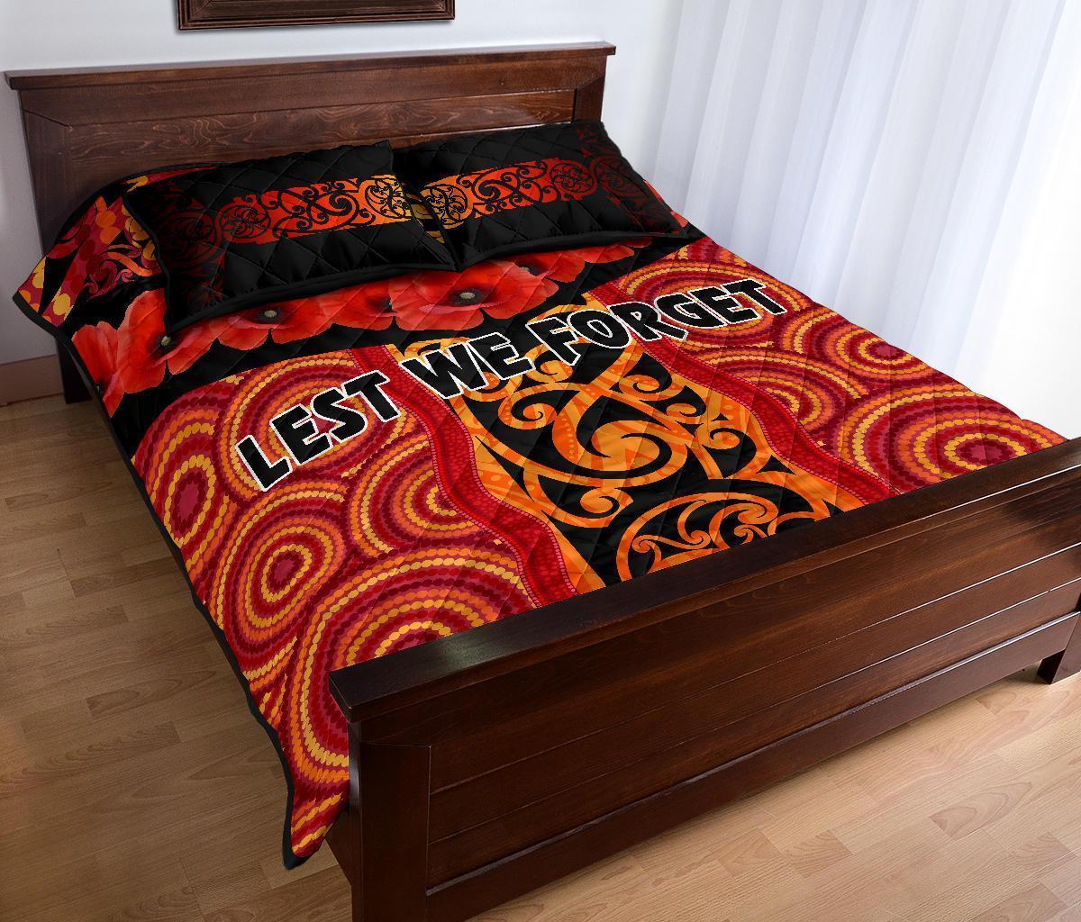 Anzac Lest We Forget Poppy Quilt Bed Set New Zealand Maori Silver Fern - Australia Aboriginal - Polynesian Pride