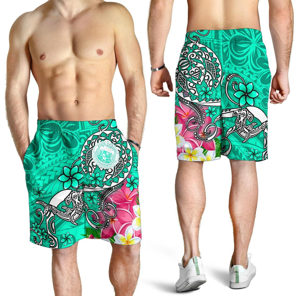 Hawaii Polynesian Men's Shorts - Hawaii Seal With Turtle Plumeria (Turquoise) - Polynesian Pride