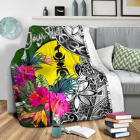 New Caledonia Custom Personalised Premium Blanket White - Turtle Plumeria Banana Leaf - Polynesian Pride