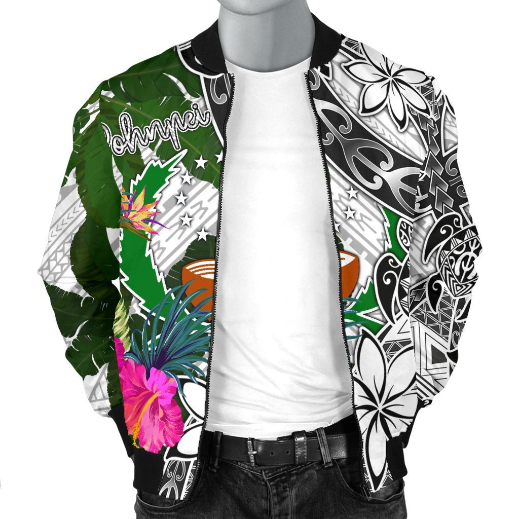 Pohnpei Men's Bomber Jacket White - Turtle Plumeria Banana Leaf - Polynesian Pride