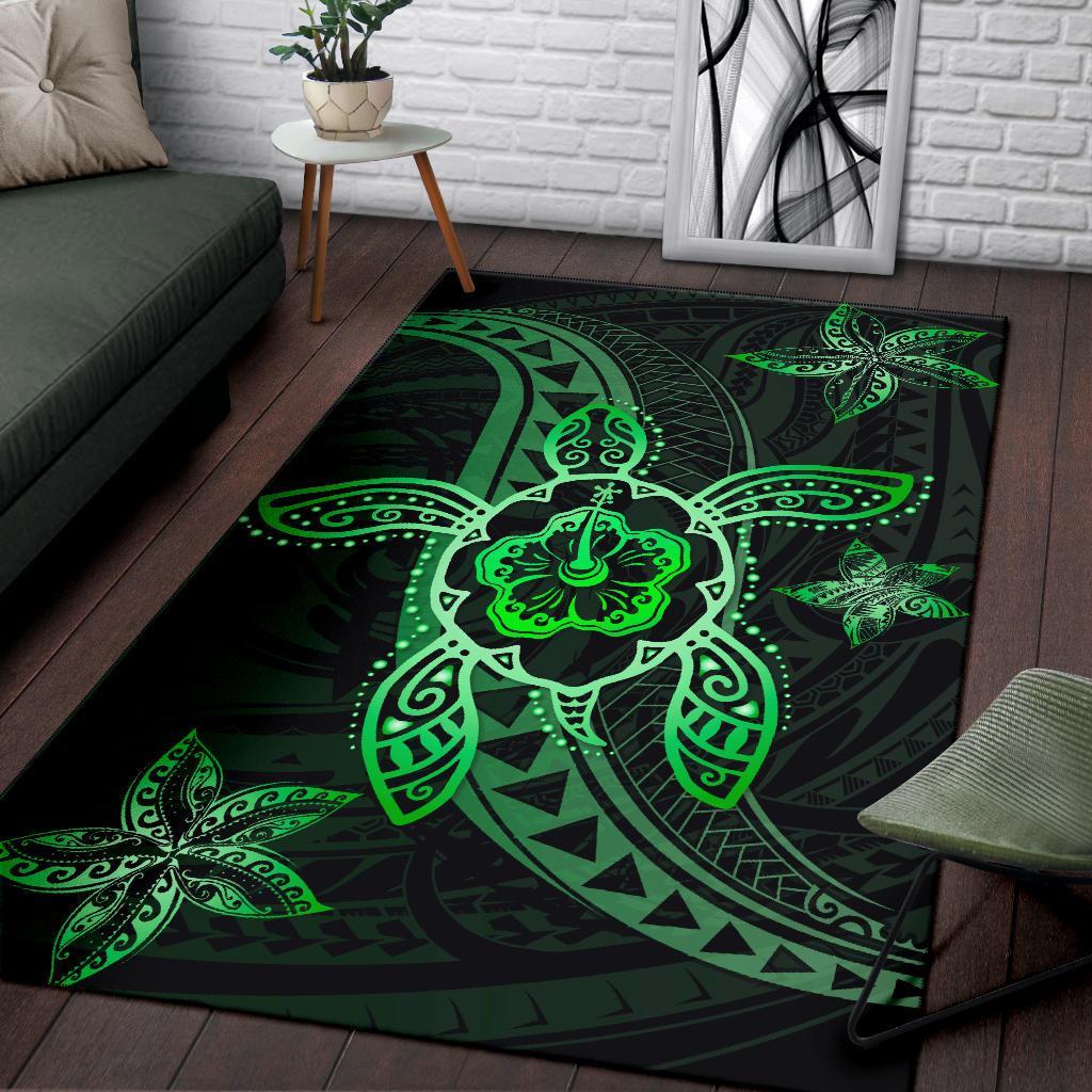 Kanaka Map Hibiscus Plumeria Turtle Art Polynesian Area Rug Green AH - Polynesian Pride