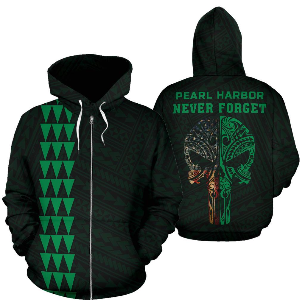 Polynesian Kakau Skull National Pearl Harbor Remembrance Day Hawaii Zip Hoodie Green Unisex Green - Polynesian Pride