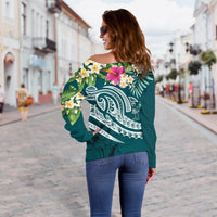 Fiji Polynesian Women's Off Shoulder Sweater - Summer Plumeria (Turquoise) - Polynesian Pride