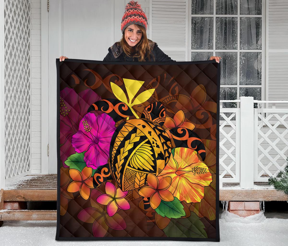 Hawaii Turtle Tribal Map Hibiscus Plumeria Premium Quilt - Polynesian Pride