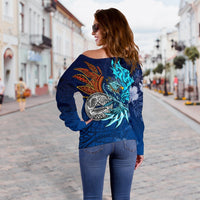 American Samoa Polynesian Off Shoulder Sweater - Blue Polynesian Eagle - Polynesian Pride
