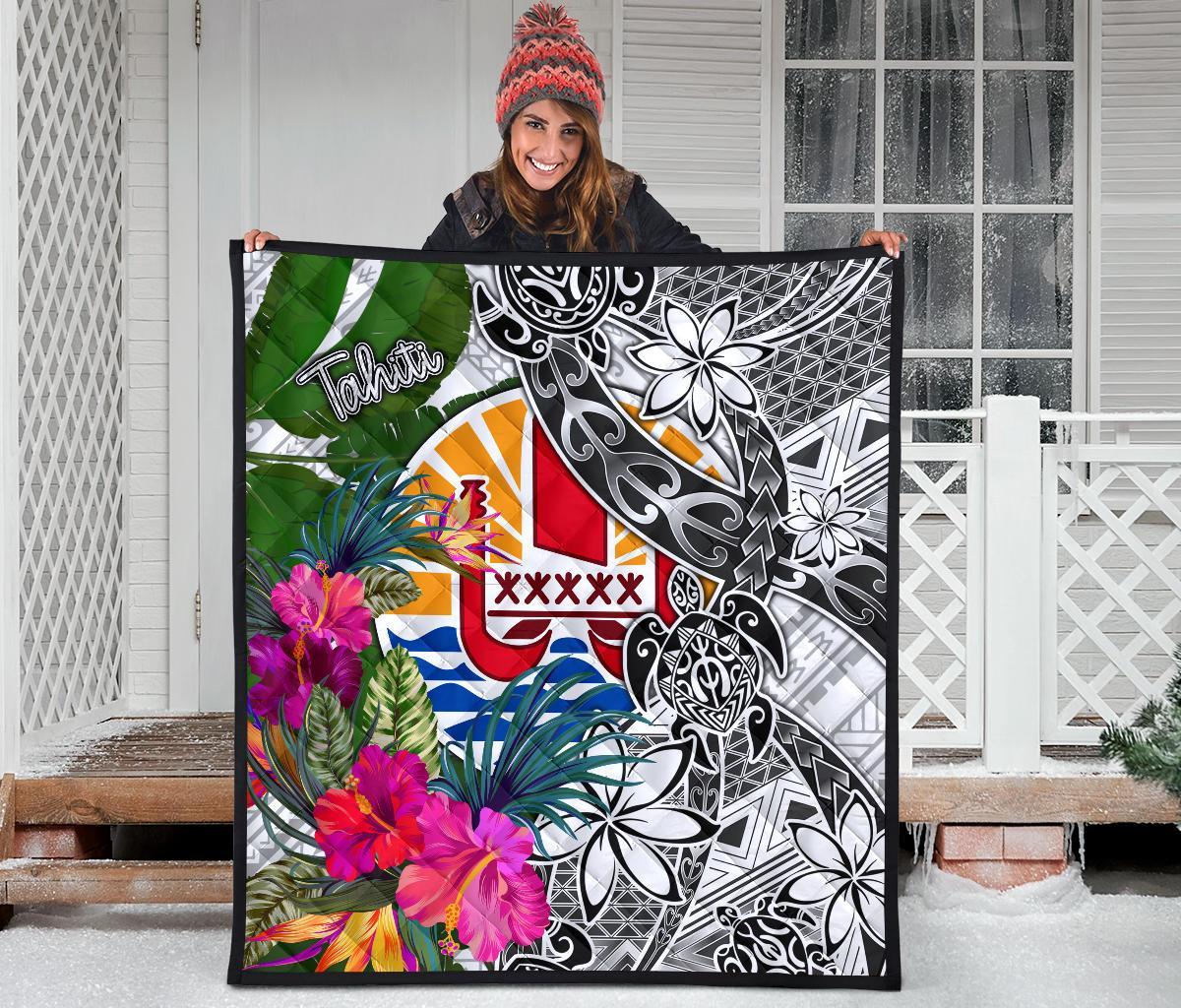 Tahiti Premium Quilt White - Turtle Plumeria Banana Leaf - Polynesian Pride