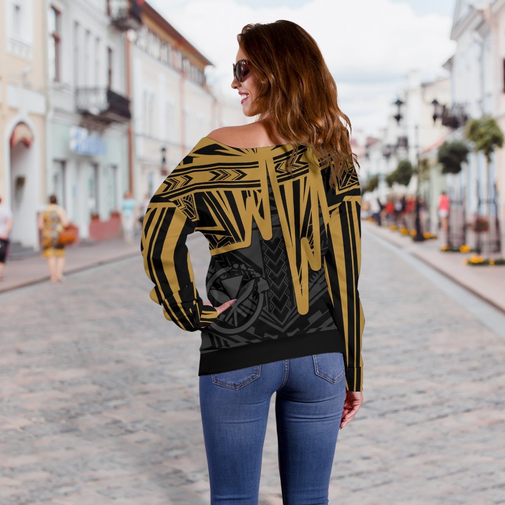 Hawaii Personalised Women's Off Shoulder Sweater - Kanaka Maoli With Polynesian Pattern In Heartbeat Style (Gold) - Polynesian Pride