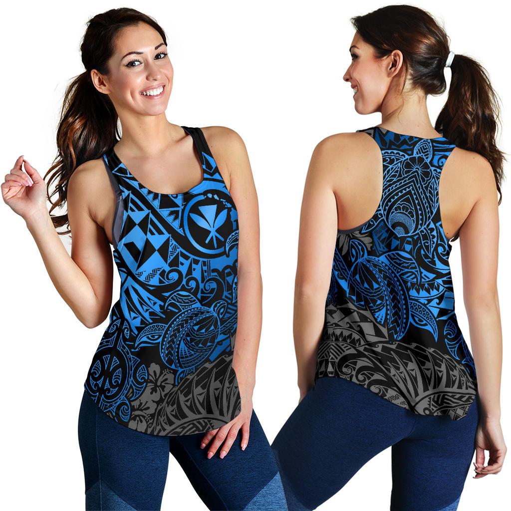 Polynesian Hawaii (Kanaka Maoli) Women's Racerback Tank - Blue Turtle Hibiscus Flowing - Polynesian Pride