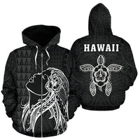 Polynesian Kakau Hula Girl Turtle Hibiscus Hawaii Zip Hoodie White Unisex White - Polynesian Pride