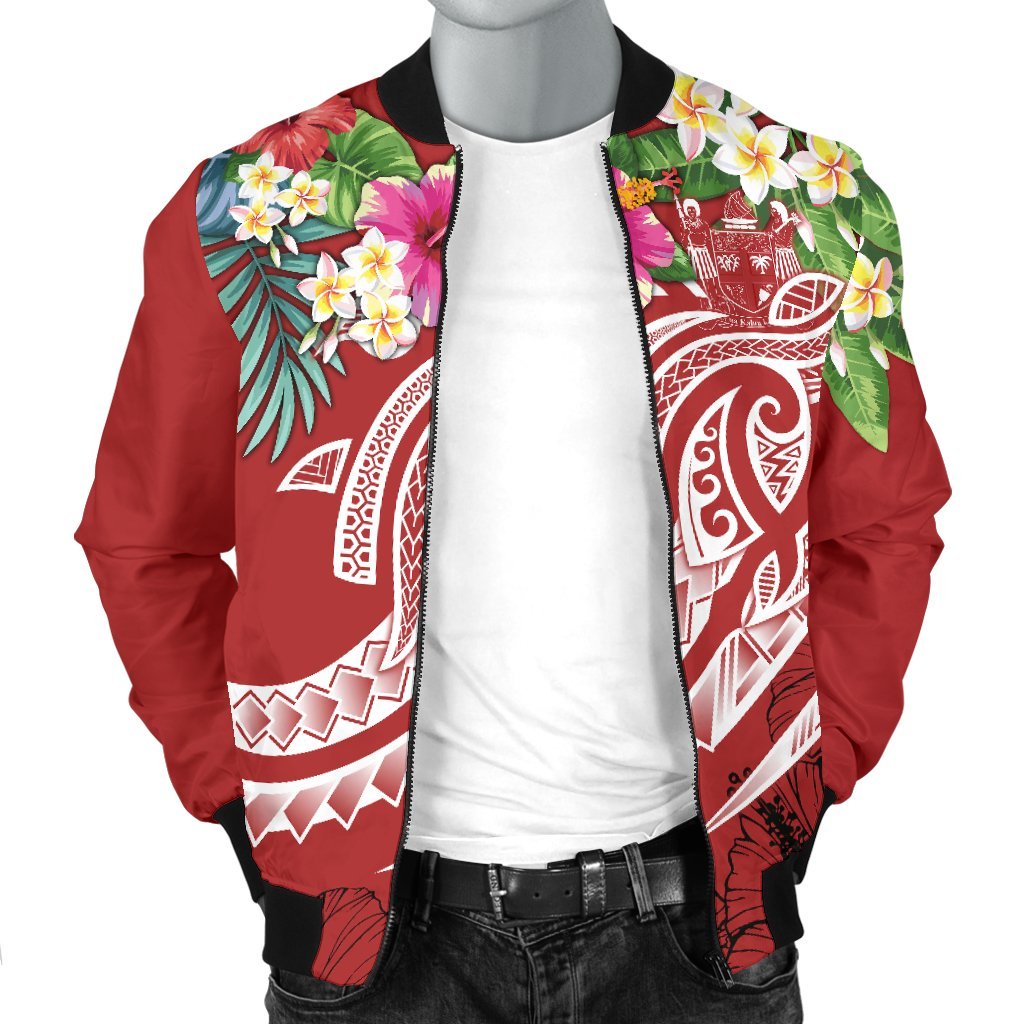 Fiji Polynesian Men's Bomber Jacket - Summer Plumeria (Red) - Polynesian Pride