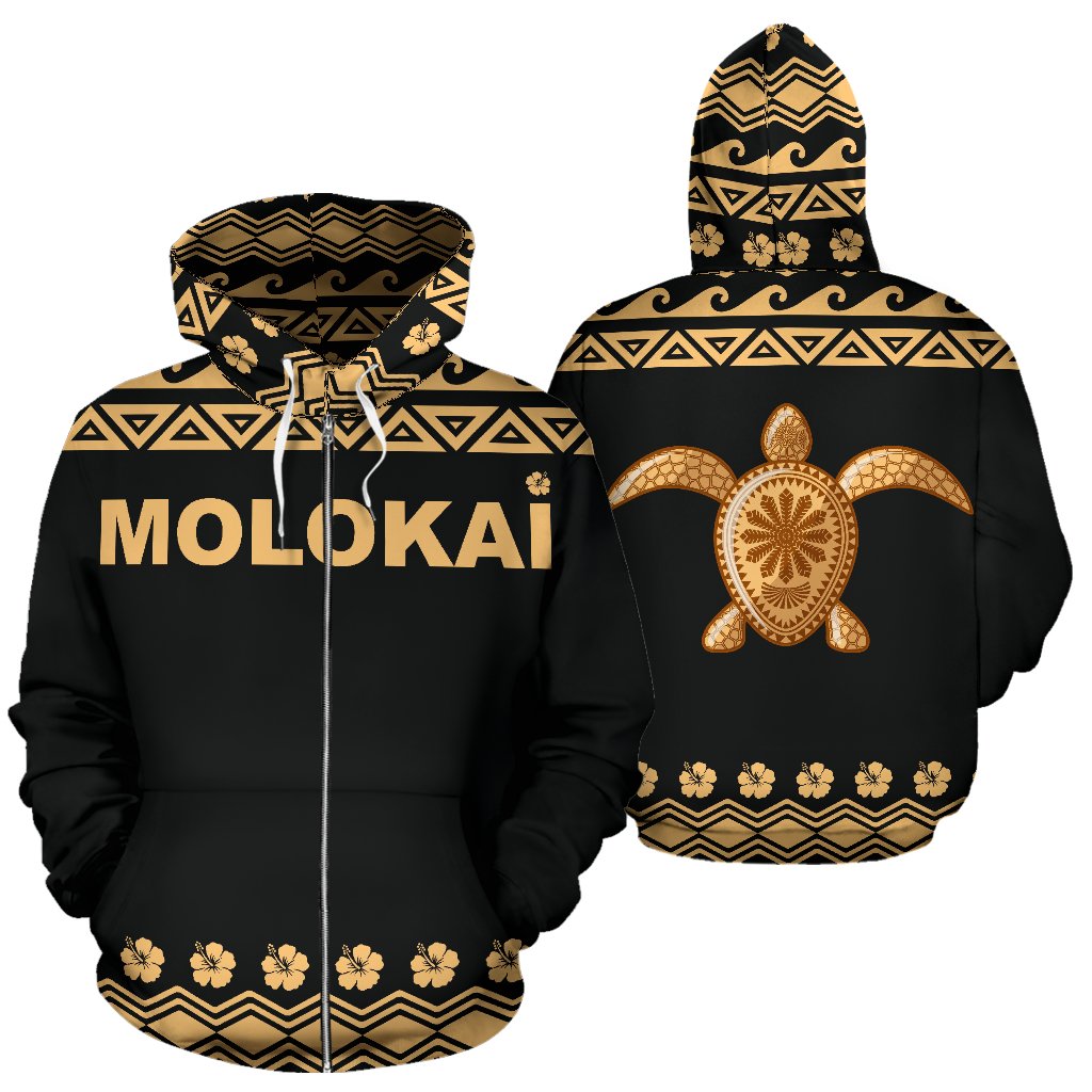 Molokai All Over Zip up Hoodie Polynesian Turtle Hoodie Unisex Black - Polynesian Pride