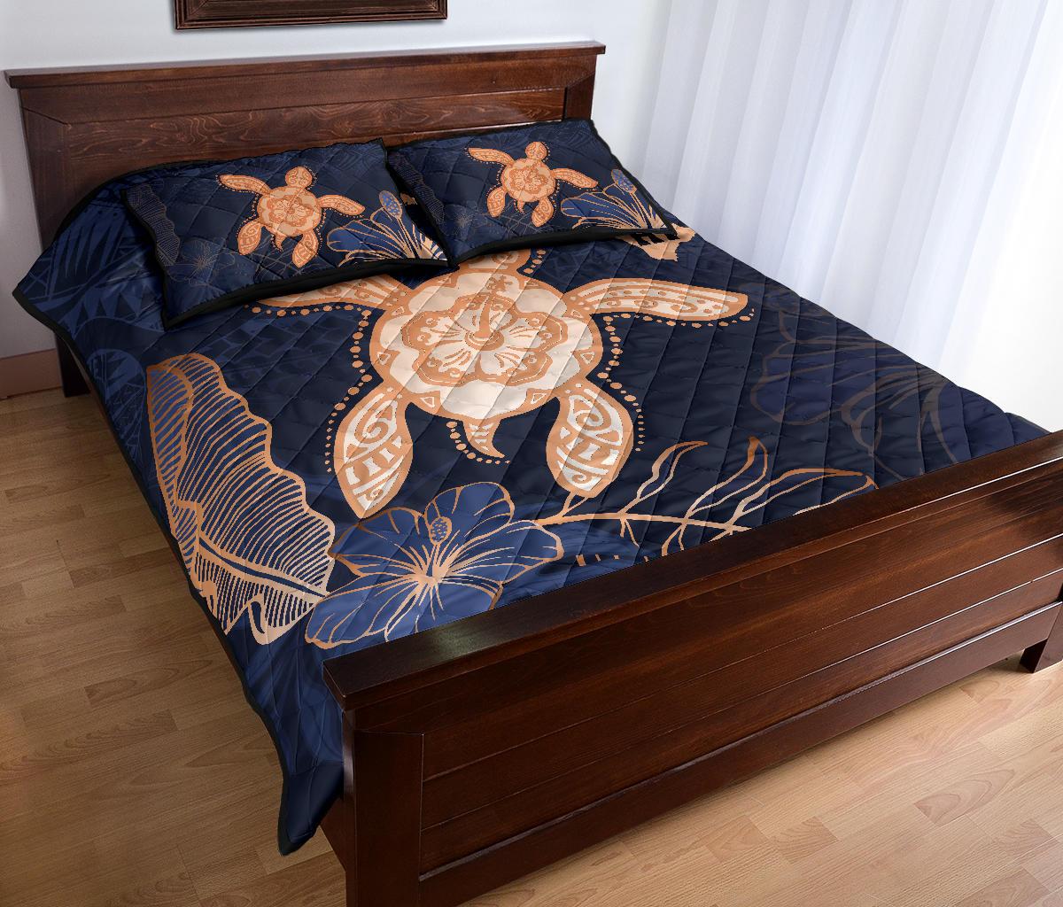 Hawaii Kakau Polynesian Turtle Map Quilt Bed Set - Indigo Ver 1 - Polynesian Pride
