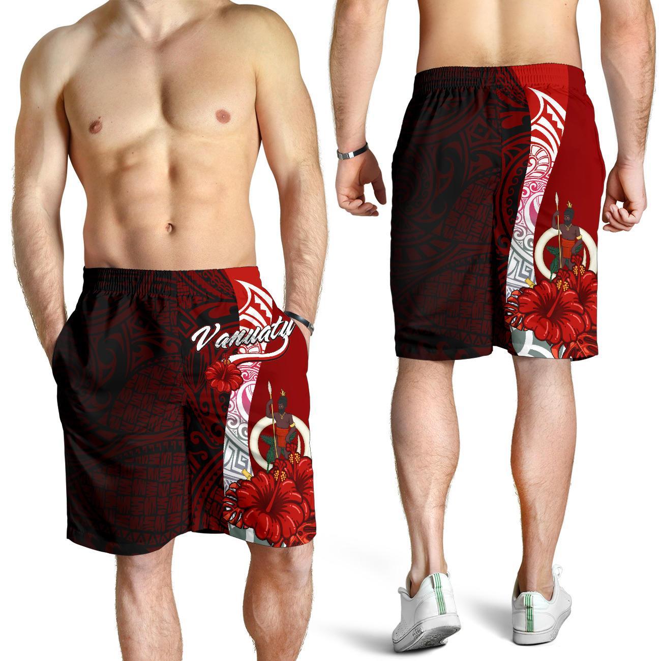 Vanuatu Polynesian Men's Shorts - Coat Of Arm With Hibiscus Red - Polynesian Pride