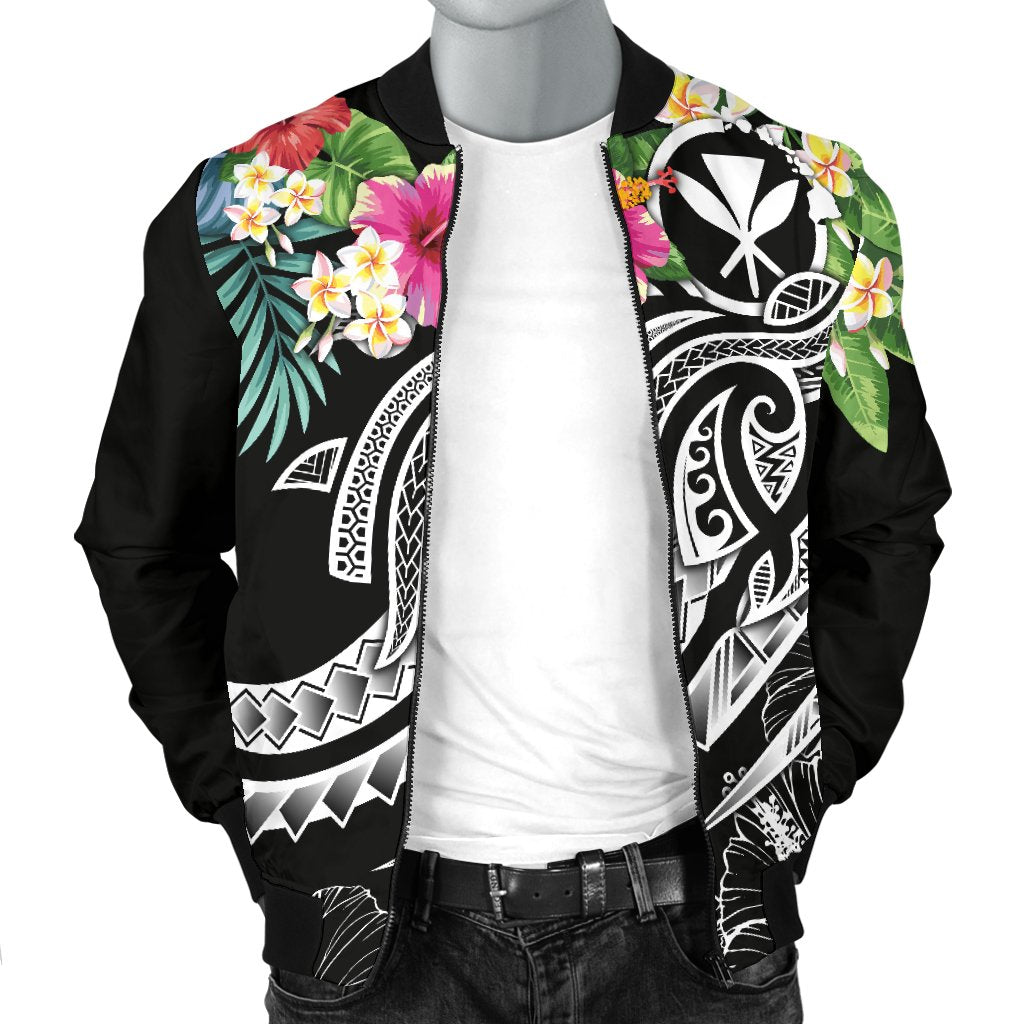 Polynesian Hawaii Kanaka Maoli Men's Bomber Jacket - Summer Plumeria (Black) - Polynesian Pride