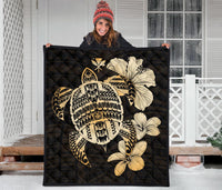 Hawaiian Kanaka Hibiscus Plumeria Mix Polynesian Turtle Premium Quilt Gold AH - Polynesian Pride