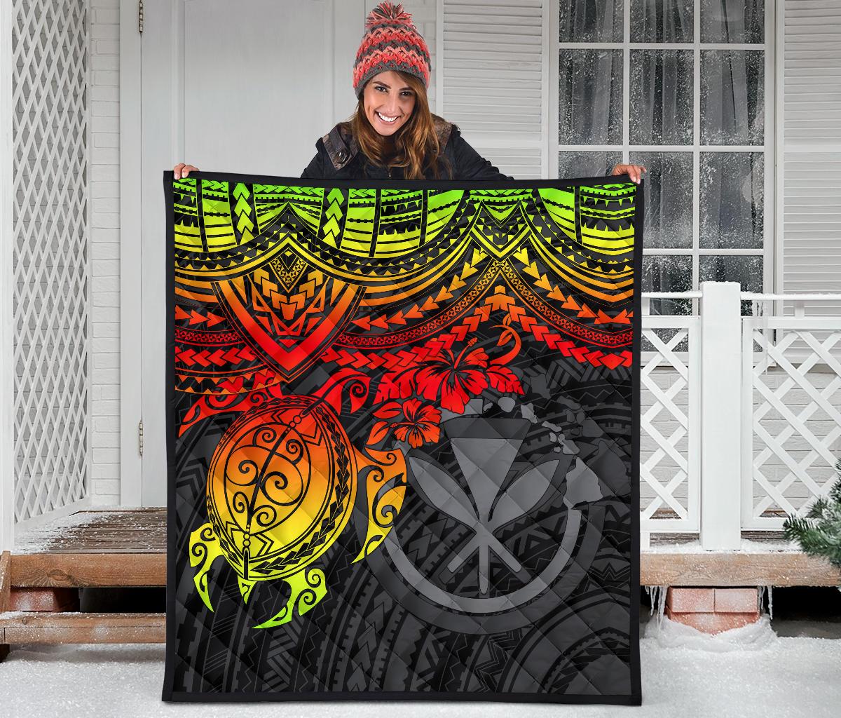 Hawaii Polynesian Premium Quilt - Kanaka Maoli & Reggae Turtle Hibiscus - Polynesian Pride