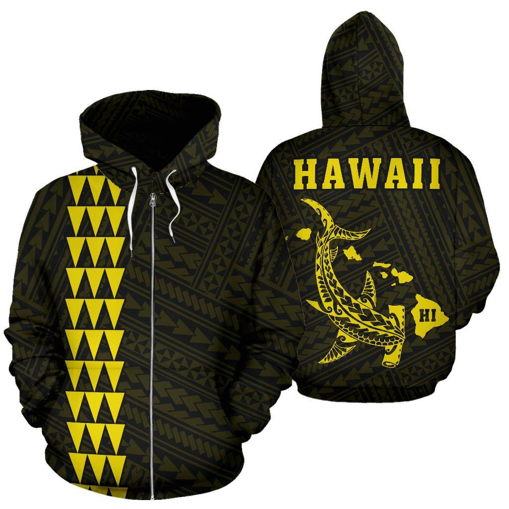 Polynesian Kakau Hammerhead Shark Map of Hawaii Zip Hoodie Yellow Unisex Yellow - Polynesian Pride