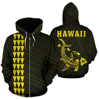 Polynesian Kakau Hammerhead Shark Map of Hawaii Zip Hoodie Yellow Unisex Yellow - Polynesian Pride