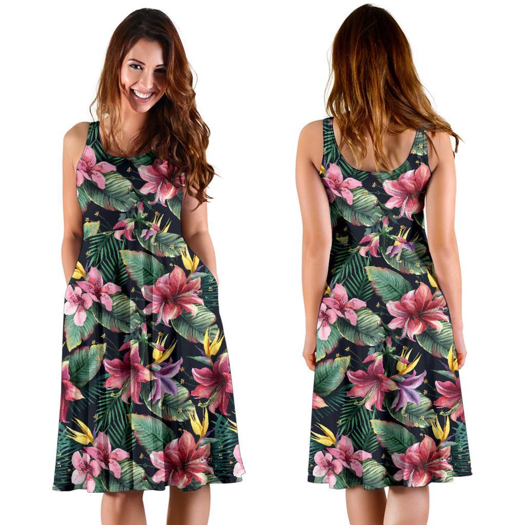 Hawaii Tropical Flowers, Palm And Leaves Midi Dress - Polynesian Pride