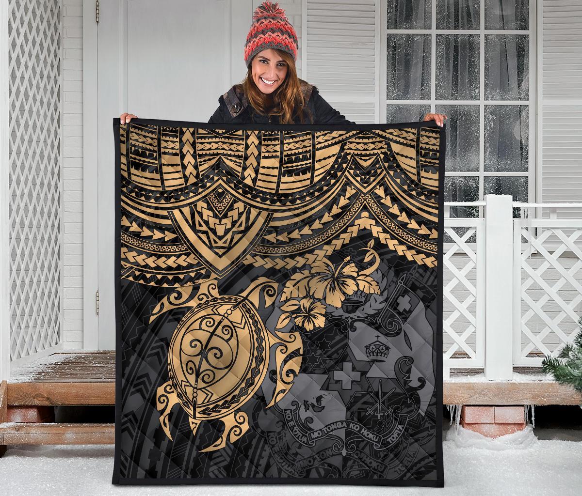 Tonga Polynesian Premium Quilts - Tonga Coat Of Arms & Golden Turtle Hibiscus - Polynesian Pride