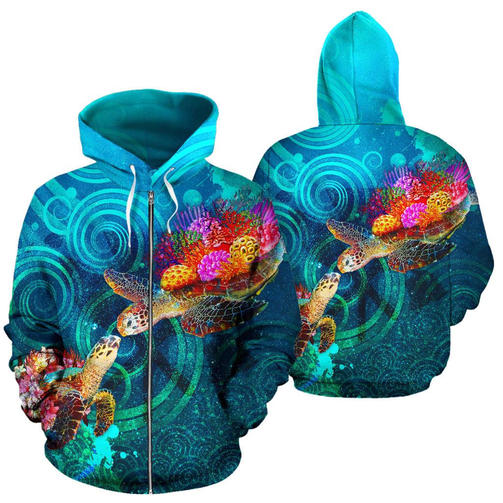 Polynesian Kanaka Maoli (Hawaiian) Zip up Hoodie Turtle Hawaii Map Zip Hoodie Blue - Polynesian Pride