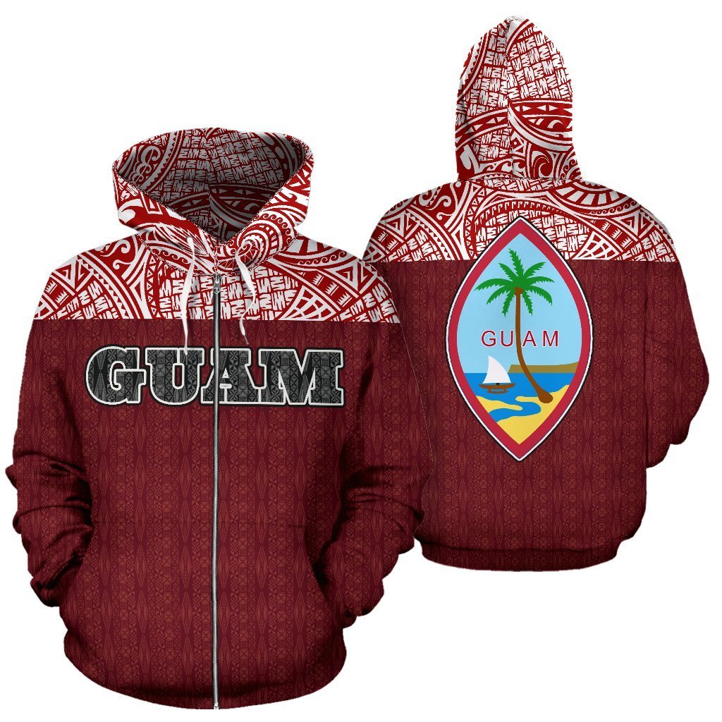 Guam All Over Zip up Hoodie Polynesian Red Version Unisex White - Polynesian Pride