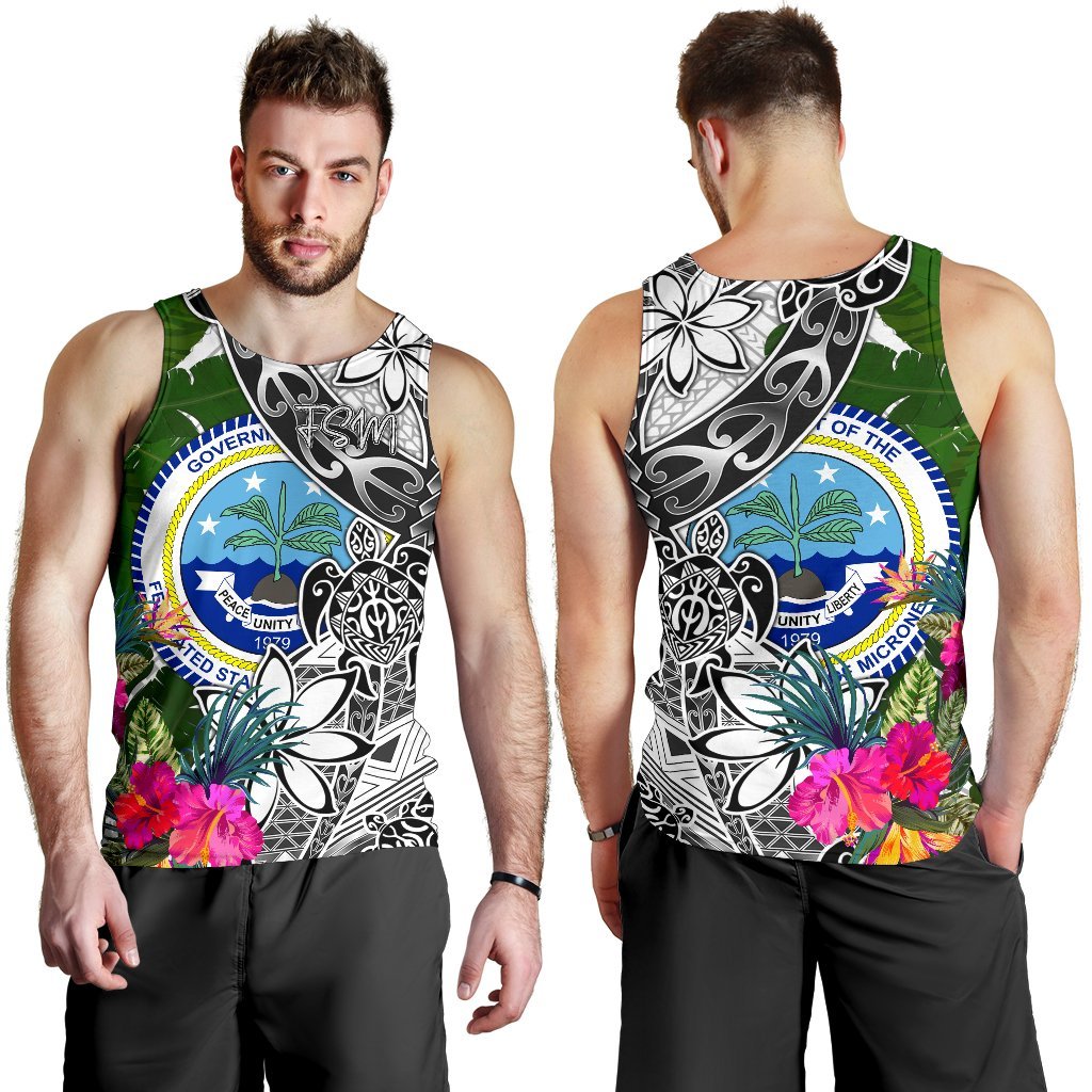 Federated States of Micronesia Men's Tank Top White - Turtle Plumeria Banana Leaf - Polynesian Pride