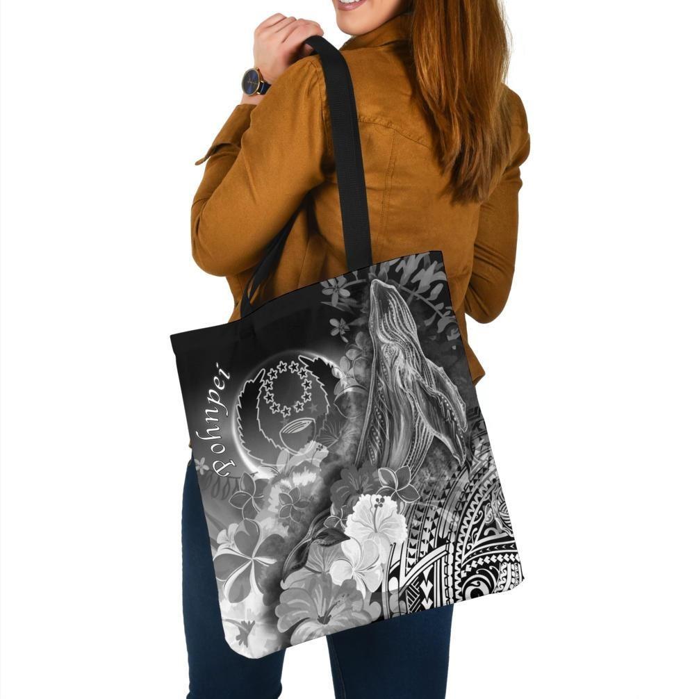 Pohnpei Tote Bags - Humpback Whale with Tropical Flowers (White) Tote Bag One Size White - Polynesian Pride