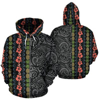 Hawaii Zip up Hoodie Hibiscus Flower Pineapple Polynesian Tattoo Half Unisex Black - Polynesian Pride