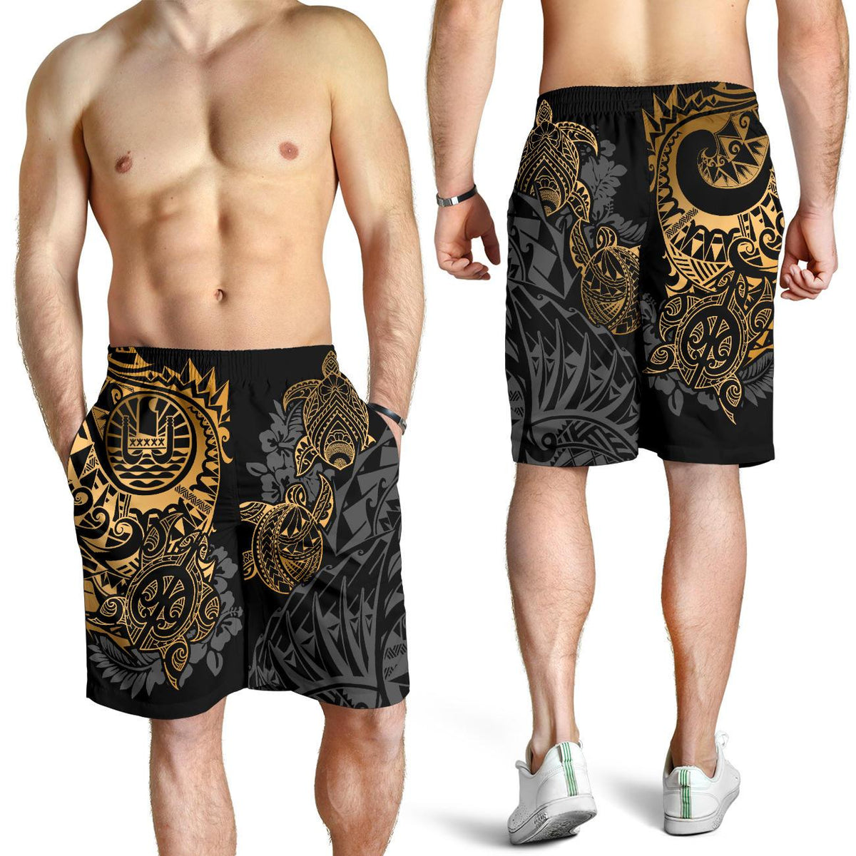 Tahiti Polynesian Men Shorts - Gold Turtle Hibiscus Flowing - Polynesian Pride