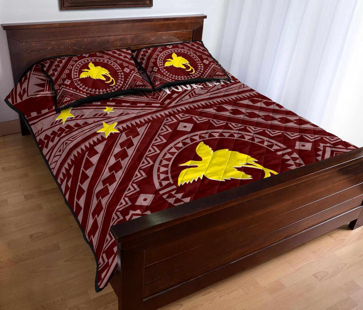 Papua New Guinea Personalised Quilt Bed Set - Flag With Polynesian Patterns (Red) - Polynesian Pride