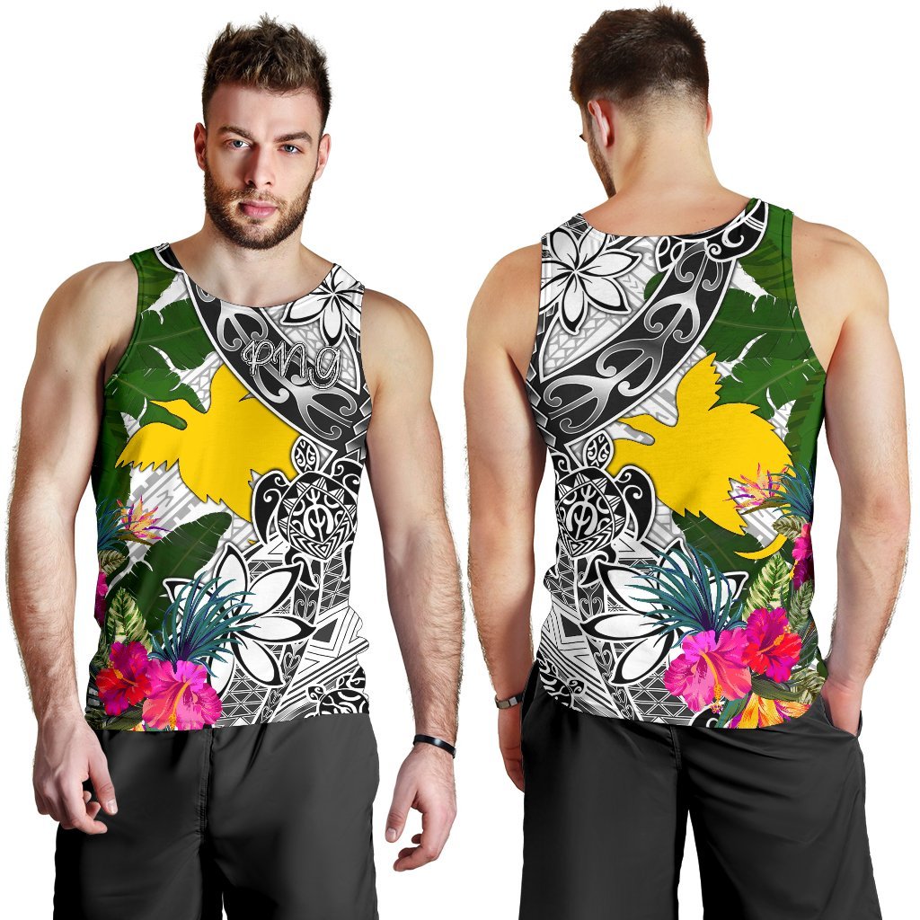 Papua New Guinea Men's Tank Top White - Turtle Plumeria Banana Leaf - Polynesian Pride